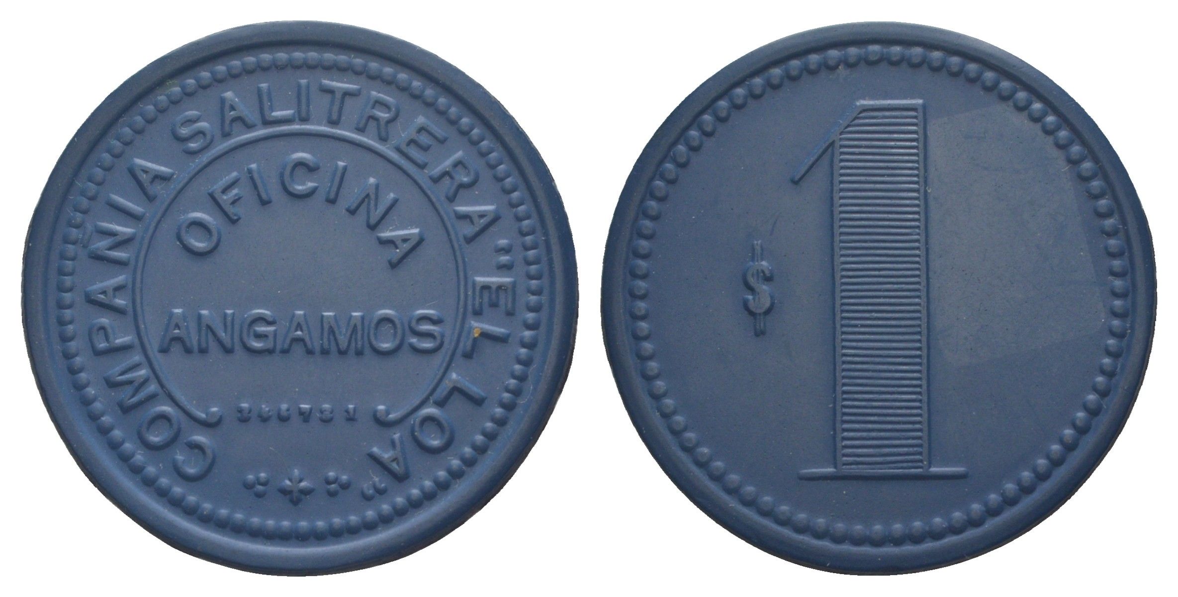Чили, Ангамос (Angamos), Антофагаста шахтерский жетон с Селитряного рудника для покупки в местных магазинах, номиналом в 1 песо 1880-1920 диаметр 40 мм, вес 5,53 гр Espinosa 15.4 эбонит (синий) 1094-11-13
