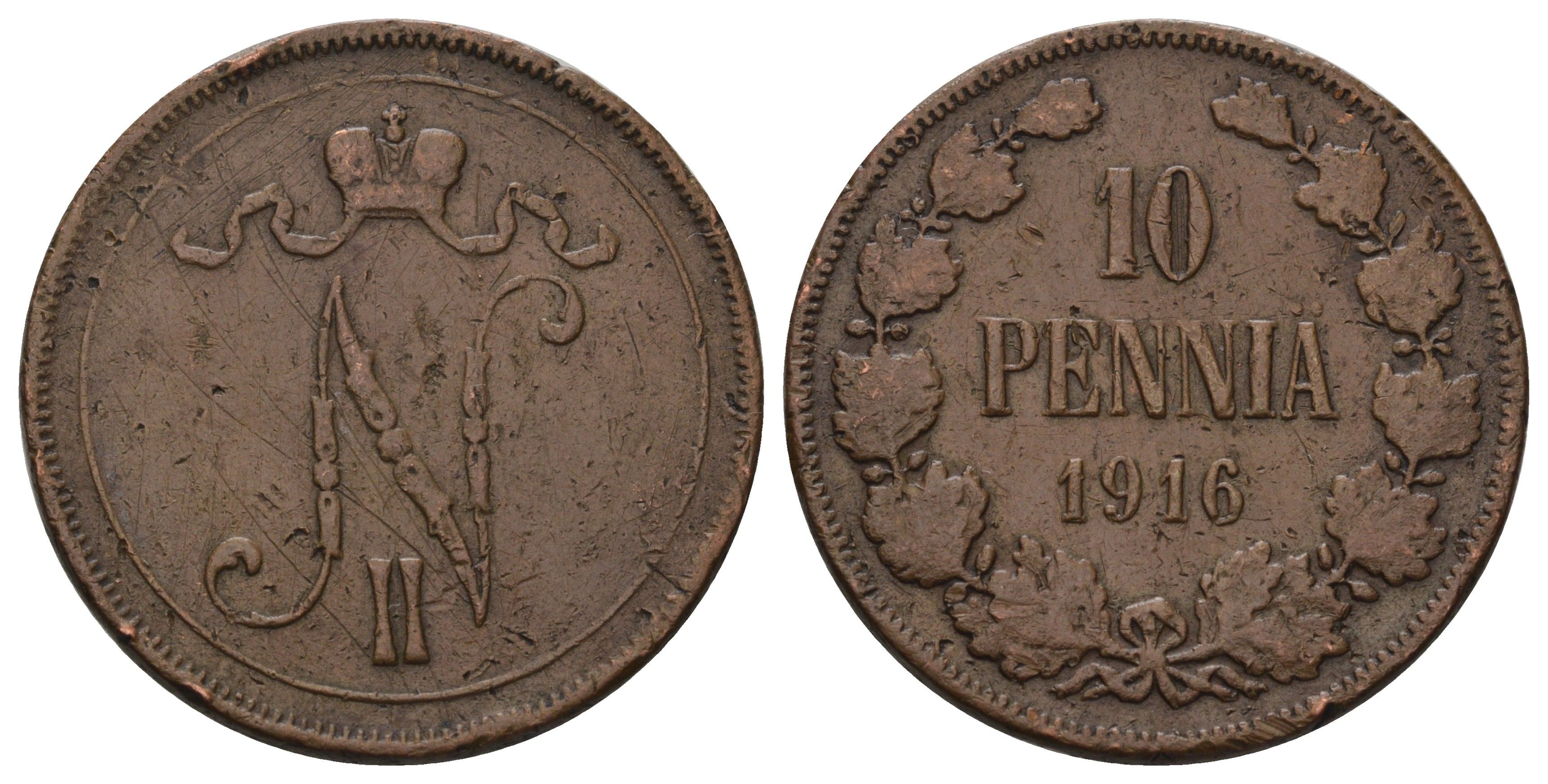 Россия для Финляндии 10 пенни 1916 Николай II (1894-1917) Биткин 439 медь 4590-1041