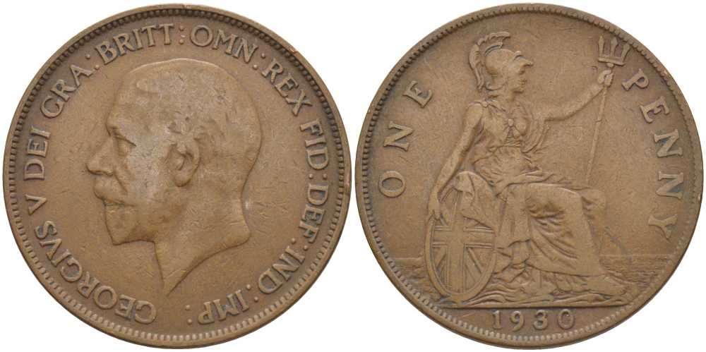 Великобритания 1 пенни 1930 Георг V (1910-1936) KM 838, Spink 4055 бронза 115-243