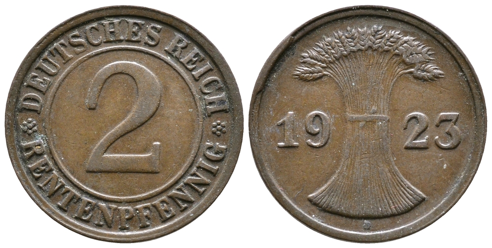 ГЕРМАНИЯ 2 РЕНТЕНПФЕННИГА 1923 D KM 31, J. 307 бронза 73-1052