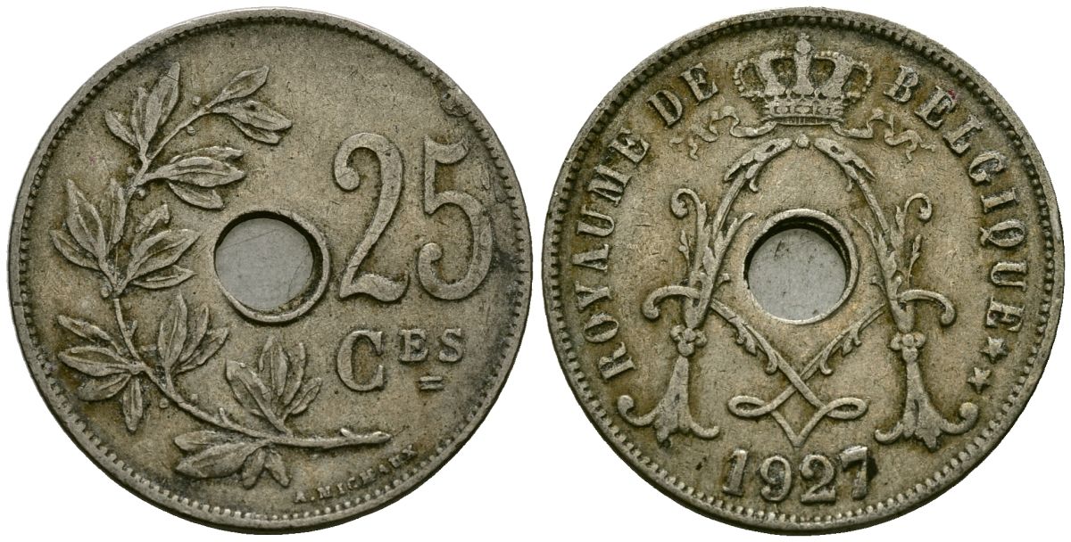 Бельгия 25 сантимов 1927 Belgique KM 68 медно-никель 4165-531