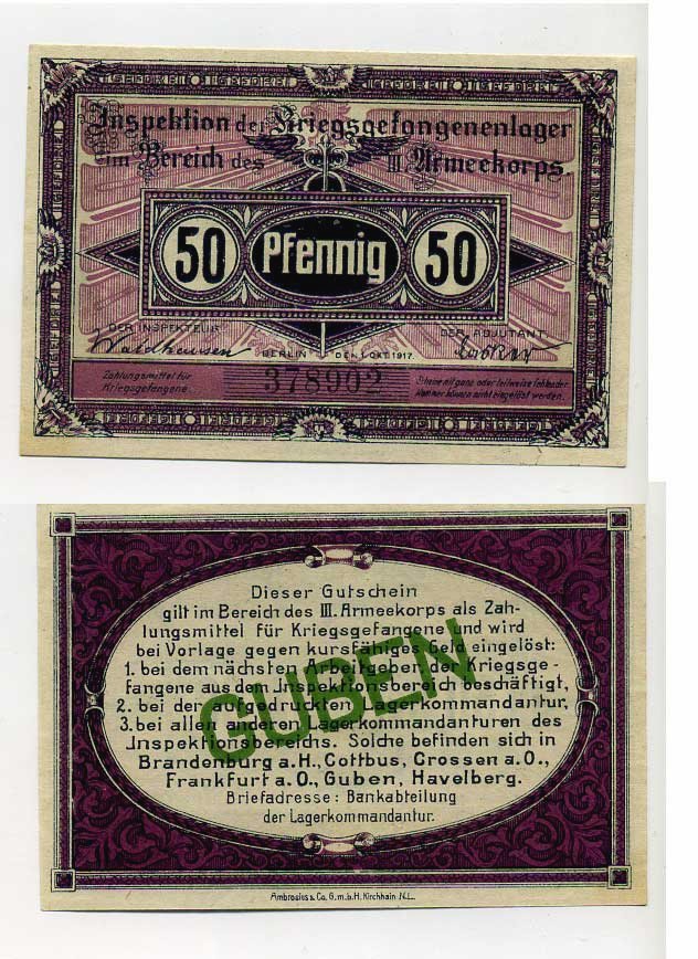 Германия 50 пфеннигов 1917 инспекция лагерей военнопленных в Губене, III-ий Армейский корпус C-3057 бумага UNC (пресс) 504-74-2-2