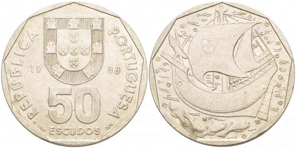 Португалия 50 эскудо 1988 парусник8 KM 636 медно-никель 4403-843