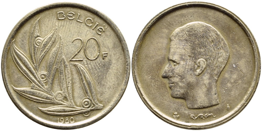 Бельгия 20 франков 1980 Belgie, Бодуэн I (1951-1993) KM 160 никелиевая бронза    4606-144