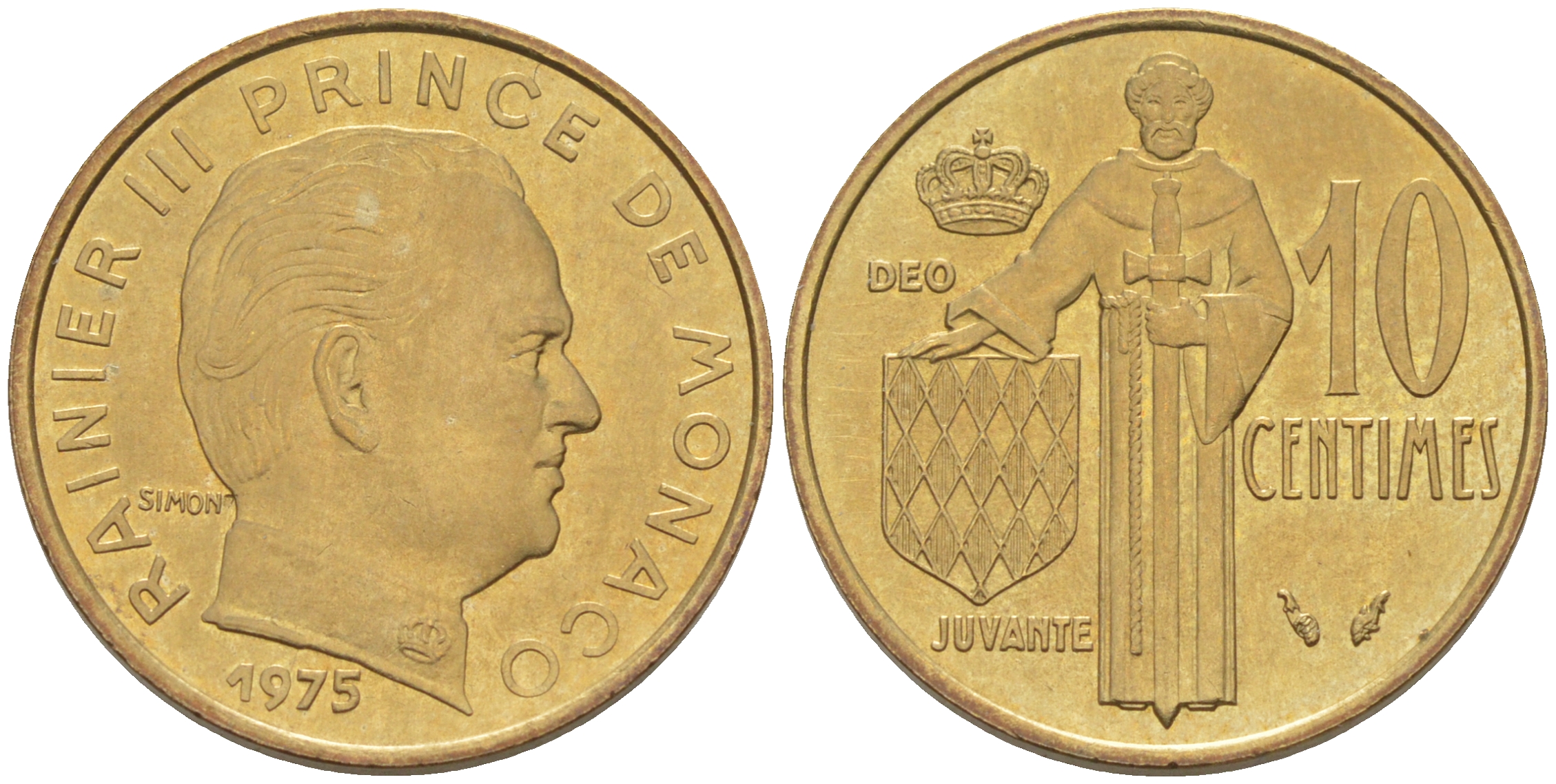 Монако 10 сантимов 1975 Ренье III (1949-2005) KM 142 алюминиевая бронза 188-1048
