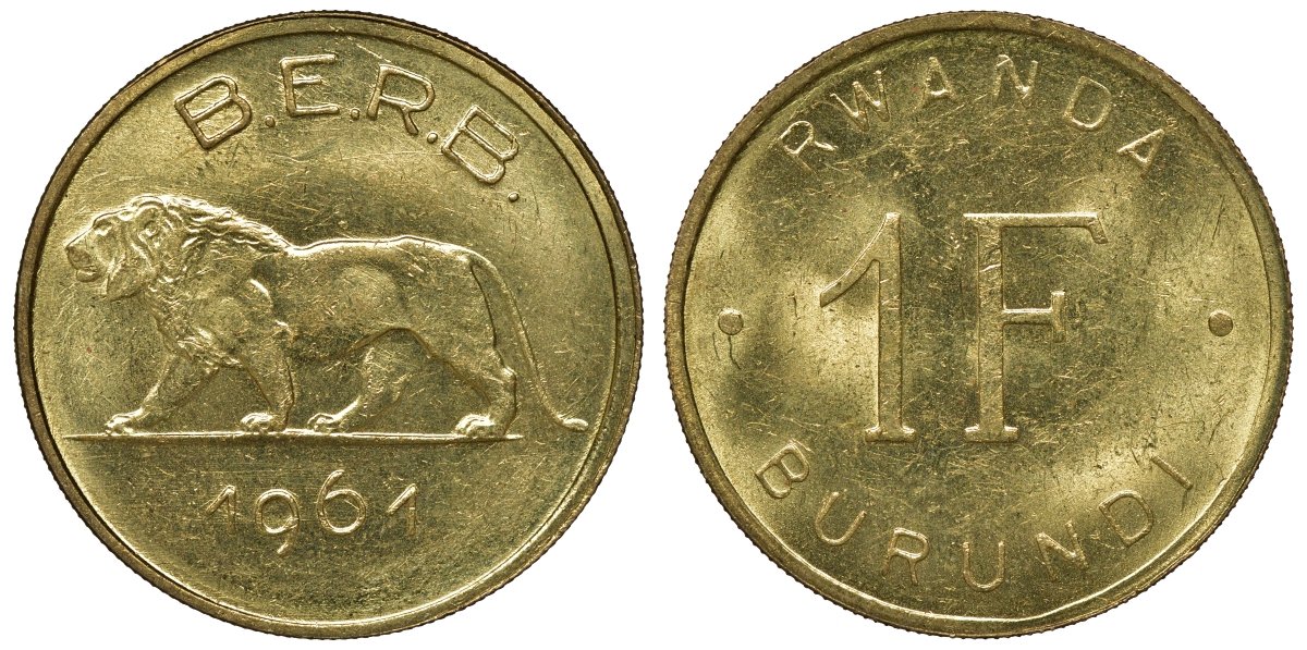 Руанда-Бурунди 1 франк 1961 лев KM 1 латунь UNC M55-10