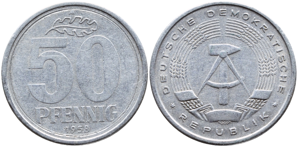 ГДР 50 ПФЕННИГОВ 1958 А KM 12.1 алюминий 4391-1225