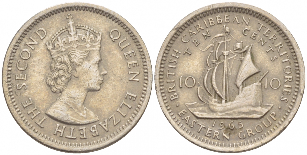 Британские Восточно-Карибские территории 10 центов 1965 Елизавета II (1952-2022), парусник KM 5 медно-никель 4532-1068