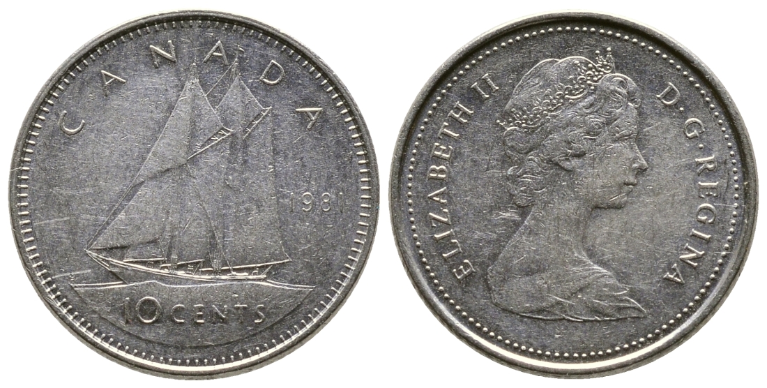 Канада 10 центов 1981 Елизавета II (1952-2022), парусник KM 77.2 никель 179-1052