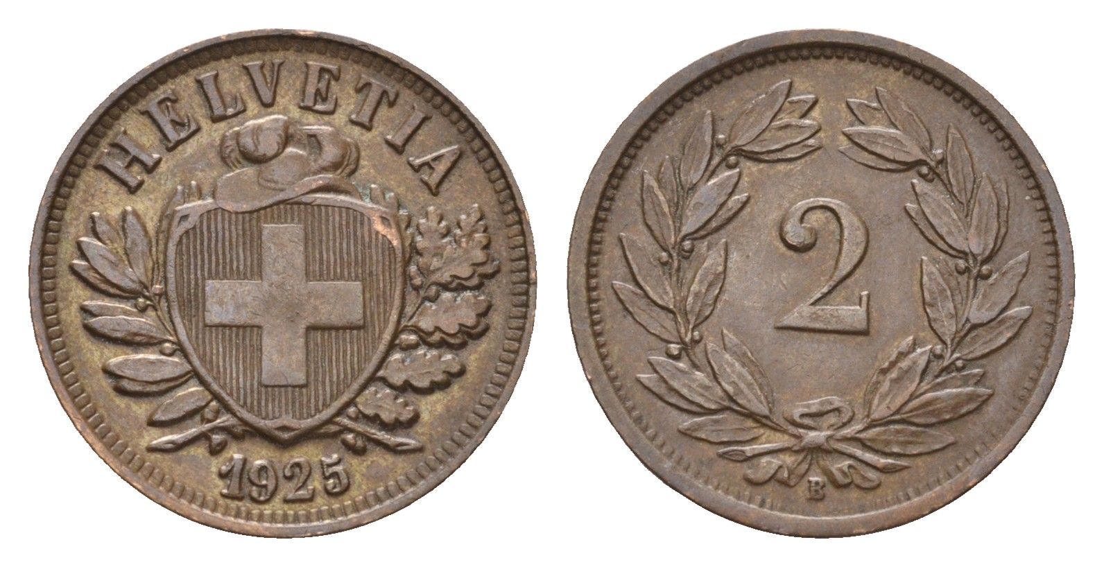 Швейцария 2 раппена 1925 B KM 4.2 бронза 46-822