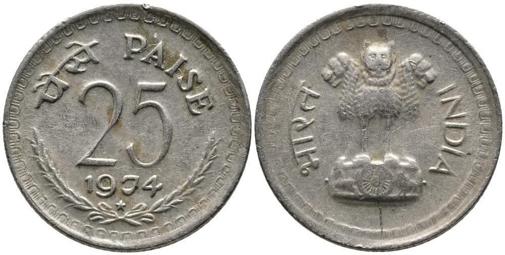 Индия 25 пайсов 1974 Н KM 49.1 медно-никель 4549-528