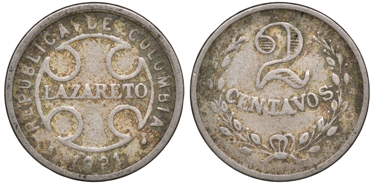 Колумбия 2 сентаво 1921 государственный лепрозорий KM L10 медно-никель 53-1024