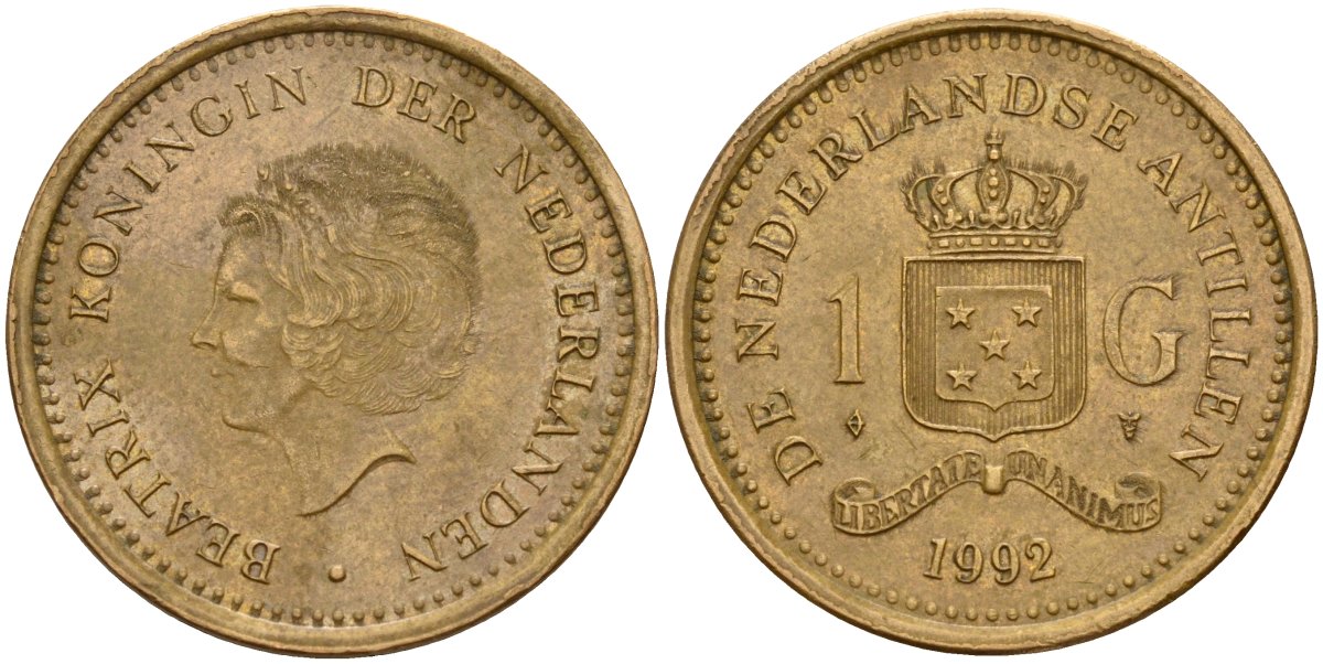 Нидерландские Антилы 1 гульден 1992 Беатрикс (1980-2013) KM 37 сталь плакированная бронзой 4167-736