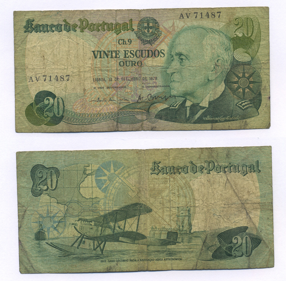 Португалия 20 эскудо 1978 Гагу Коутинью, биплан Fairey III III-MKII Pick 176 a бумага 7205-29-2