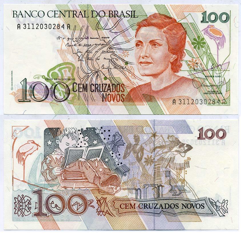 БРАЗИЛИЯ 100 КРУЗАДО НОВЫХ 1989 СЕРИЯ 3112, ПОДПИСЬ 26 Pick 220а бумага UNC (ПРЕСС) 7204-25-2