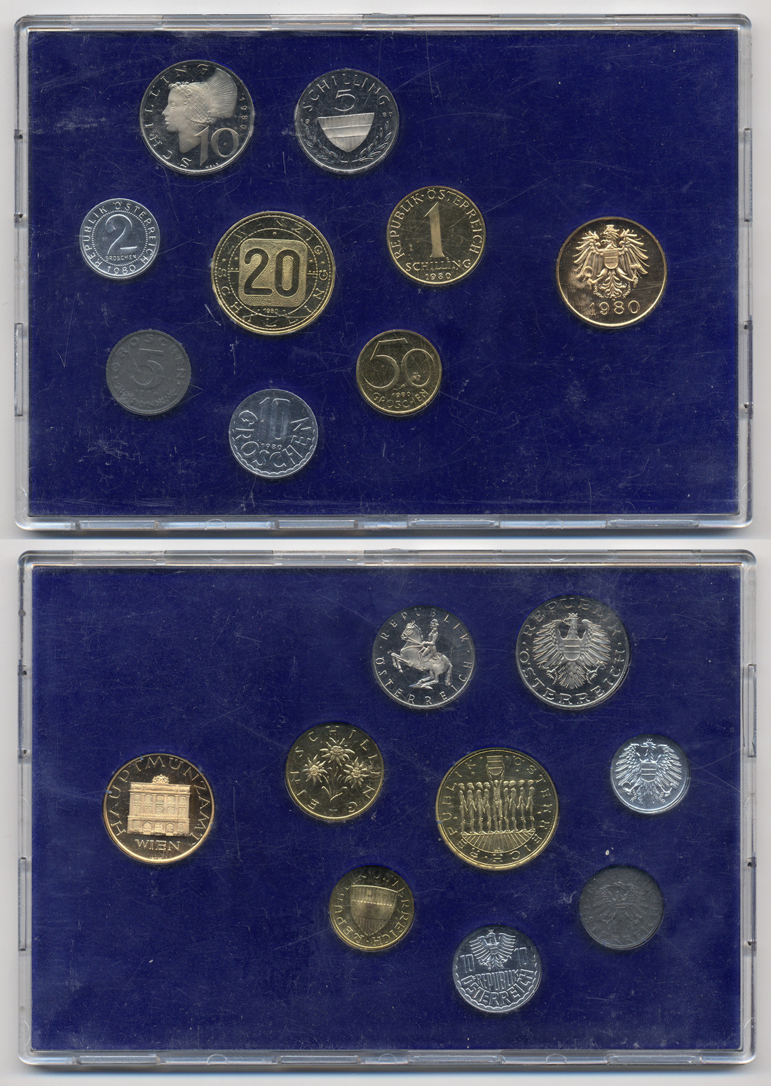 Австрия набор из 8 монет + жетон мондвора 1980 официальный набор, 2, 5, 10, 50 грошей, 1, 5, 10, 20 шиллингов, девять австрийских провинций, в пластике KM PS 40 PROOF 1-6-2-29
