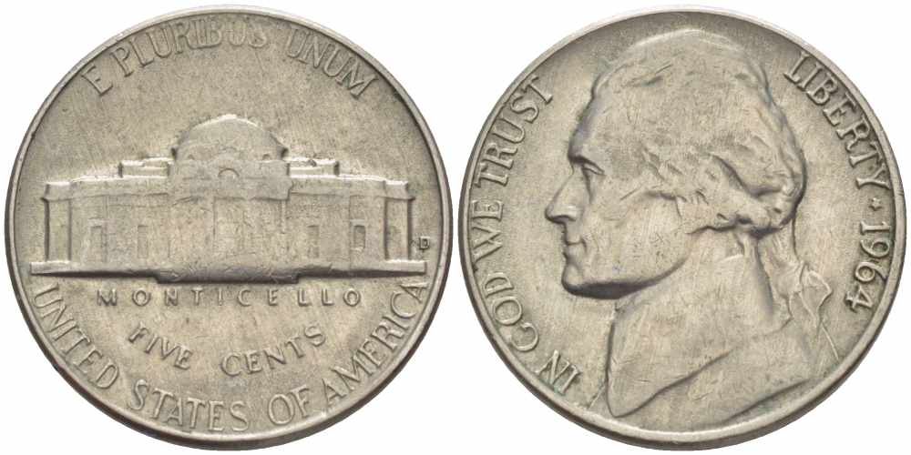 США 5 ЦЕНТОВ 1964 ДЖЕФФЕРСОН KM А192 медно-никель 4364-1527