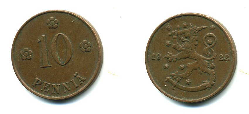 Финляндия 10 пенни 1922 республика (1918-1962) KM 24 медь 46-656
