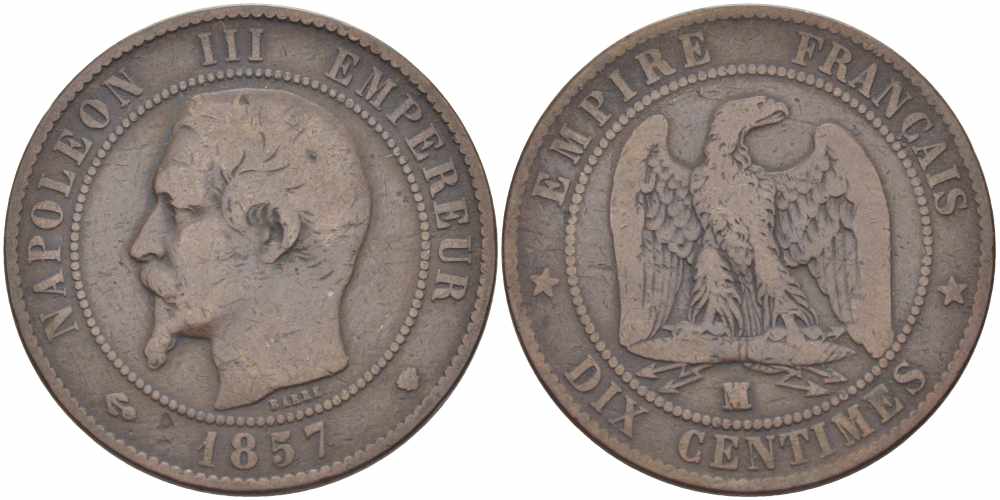 Франция 10 сантимов 1857 MA, Наполеон  III (1852-1870) KM 771.6, Le Franc 133.43 бронза    4680-641