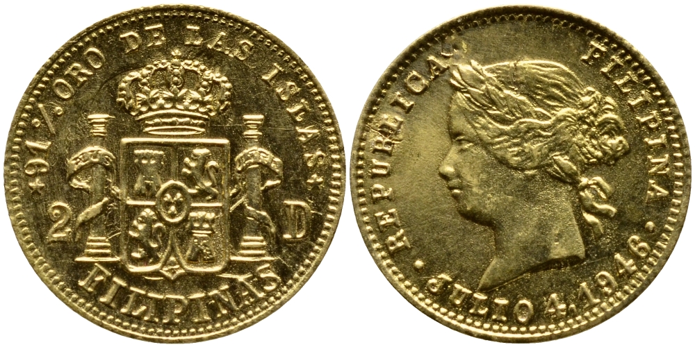 Филиппины 2 доллара 1946 Basso 250 (300) золото 00-000-00