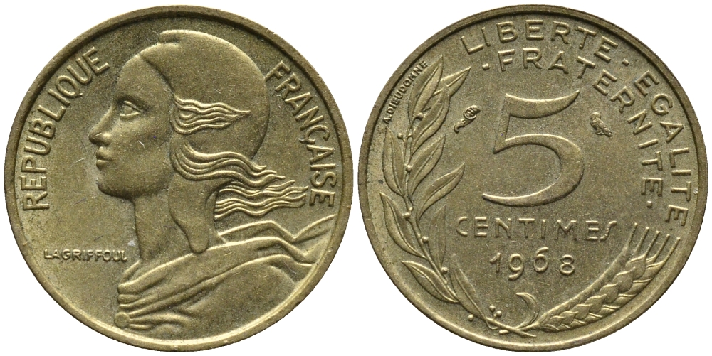 ФРАНЦИЯ 5 САНТИМОВ 1968 ТИП MARIANNE KM 933, LE FRANC 125.4 алюминиевая бронза 176-632