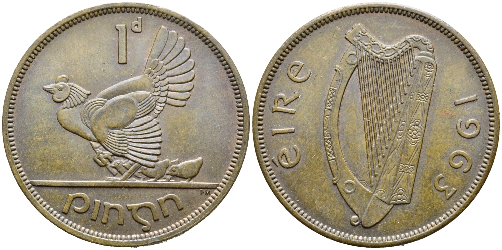 ИРЛАНДИЯ 1 ПЕННИ 1963 КУРИЦА С ЦЫПЛЯТАМИ KM 11 бронза 4394-525