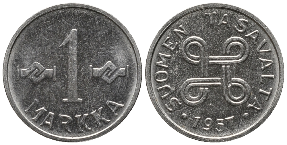 ФИНЛЯНДИЯ 1 МАРКА 1957 KM 36а железо плакированное никелем 99-1036