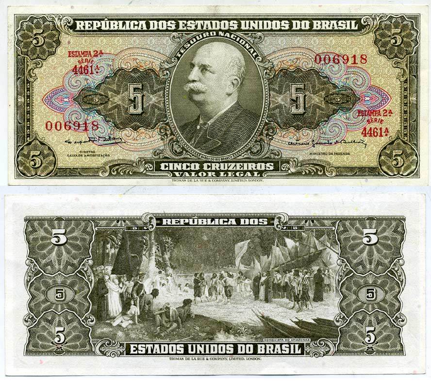 БРАЗИЛИЯ 5 КРУЗЕЙРО 1964 ESTAMPA 2А, БАРАО ДО РИО БРАНКО, СЕРИЯ 4461А, ПОДПИСЬ 14 Pick 176d бумага 7551-19-2-1