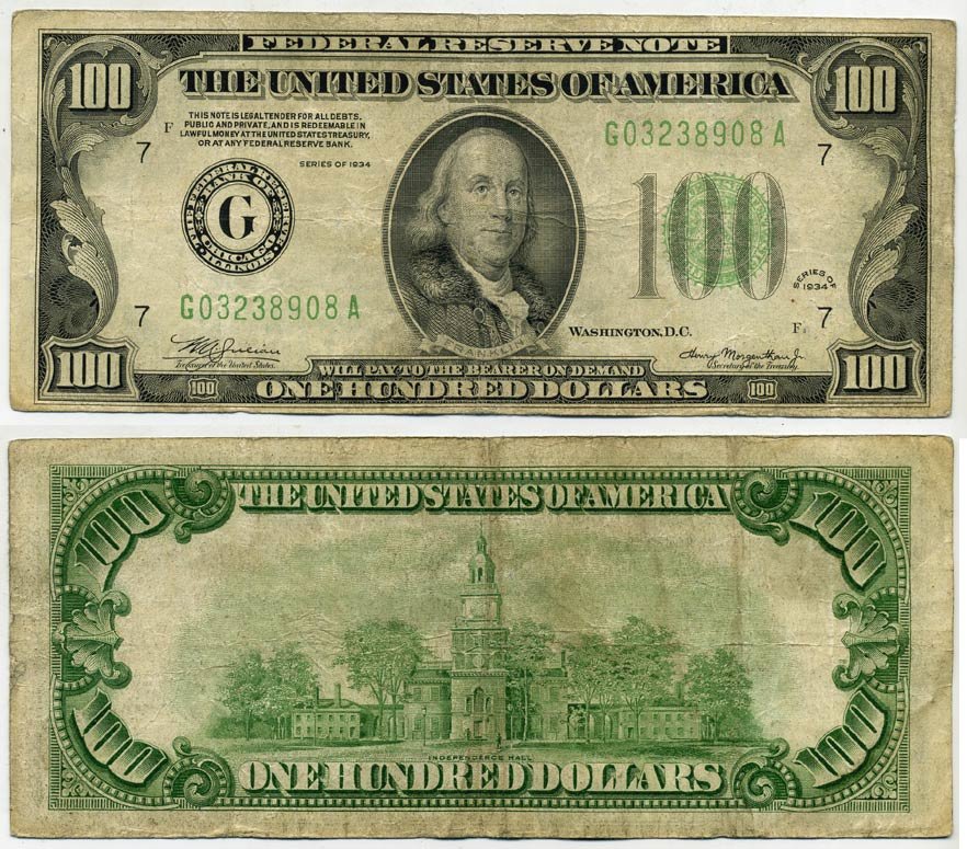 США 100 долларов 1934 G, Чикаго, Бенджамин Франклин Pick 433D бумага 451-220-1