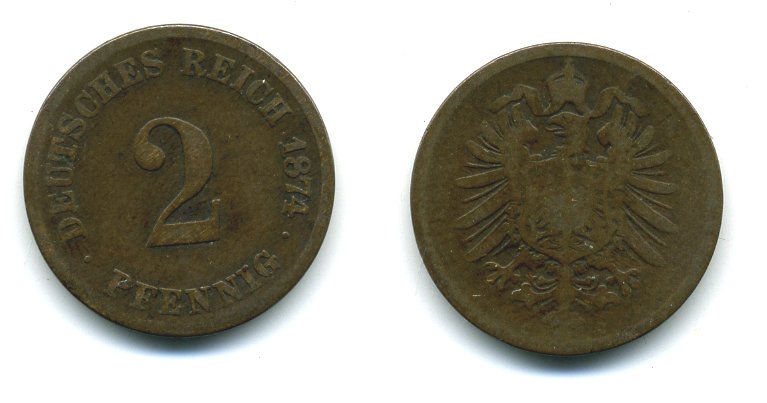 ГЕРМАНИЯ 2 ПФЕННИГА 1874 G, СТАРОГЕРБОВКА KM 2, J.2 медь 54-333