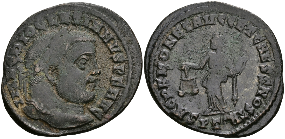 Римская Империя нуммий 300 - 303 Диоклетиан SACRA MONET AVGG ET CAESS NOSTR Монета, держащая весы Тицин Good Very fine (степень редкости С2) RIC 45а бронза 270-921