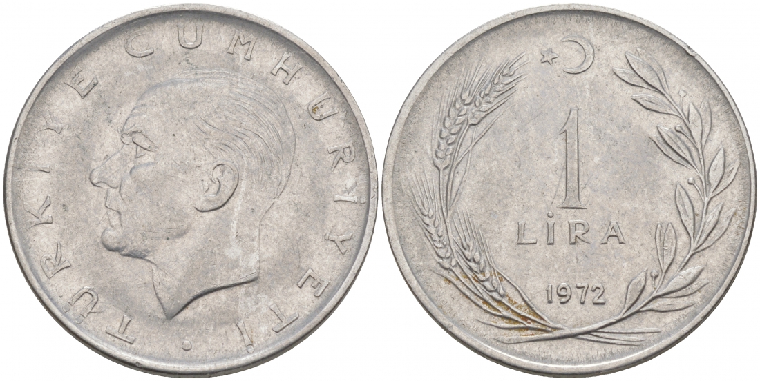 Турция 1 лира 1972 Мустафа Кемаль Ататюрк KM 889а.2 нержавеющая сталь 68-737