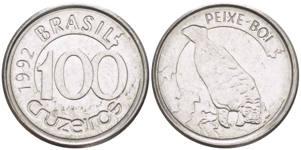 БРАЗИЛИЯ 100 КРУЗЕЙРО 1992 РЕФОРМА 1990-1993, ЛАМАНТИН KM 623 нержавеющая сталь 4387-1015