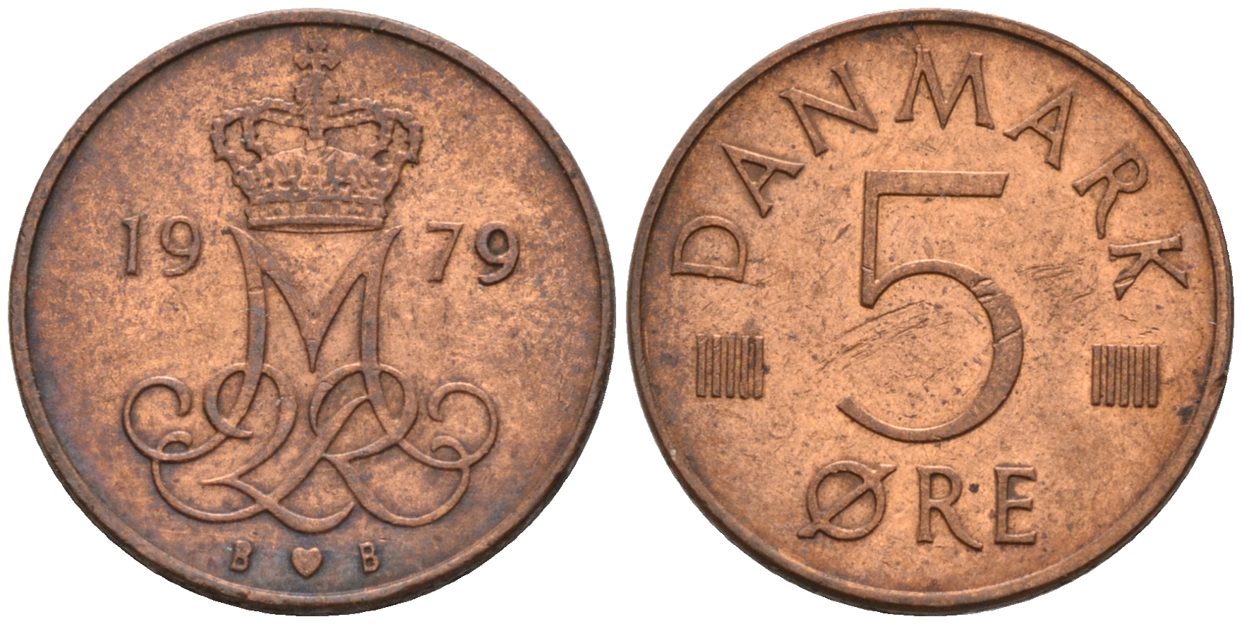 ДАНИЯ 5 ЭРЕ 1979 B; B, МАРГРЕТЕ II (1972-) KM 859.2 железо плакированное медью UNC 4564-1166
