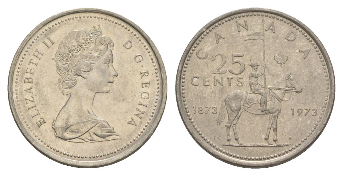 Канада 25 центов 1973 100 лет канадской горной полиции (1873-1973), Елизавета II (1952-2022) KM 81 никель 4631-616