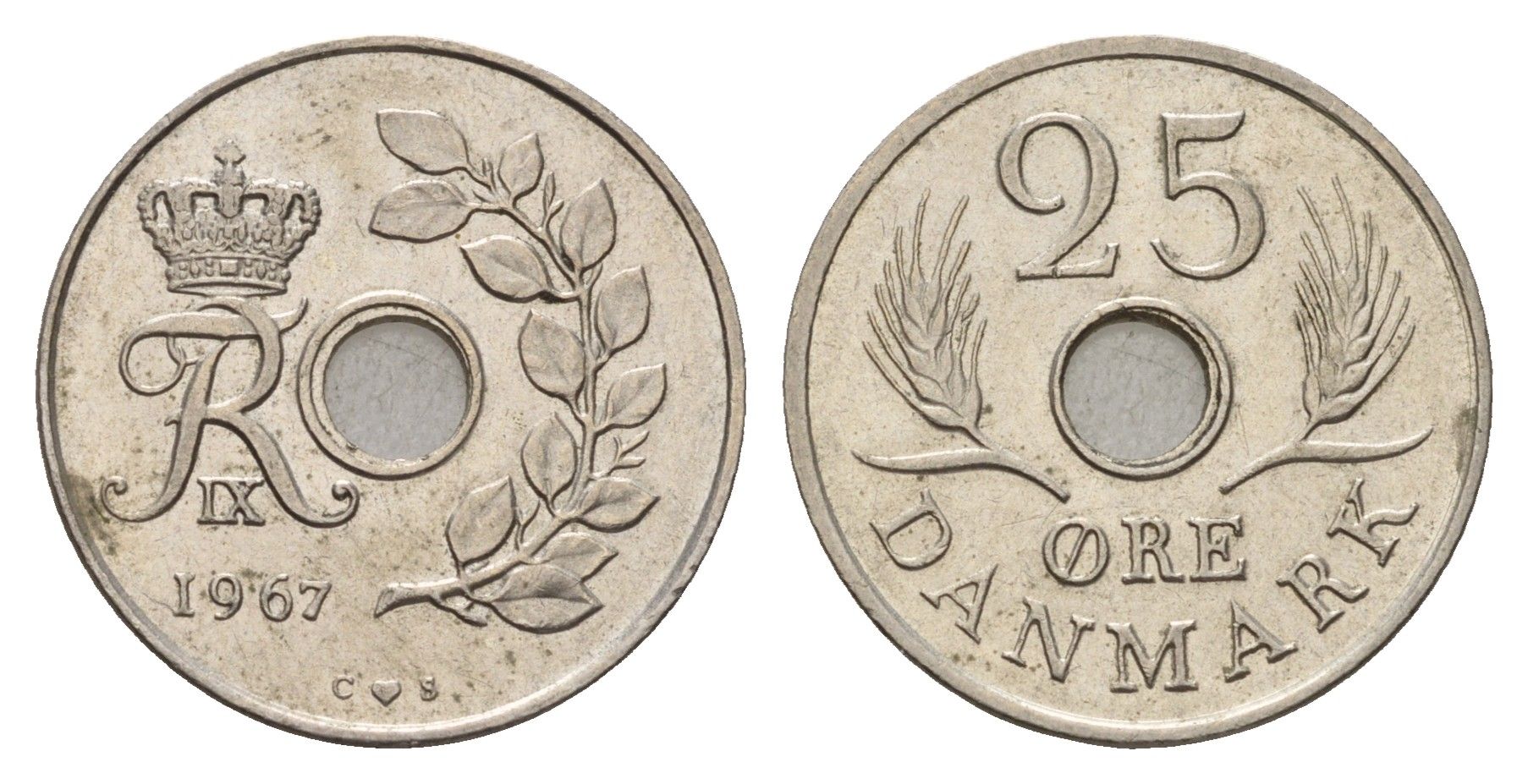 Дания 25 эре 1967 С; S, Фредерик IX (1947-1972) KM 855.1 медно-никель 3459-915