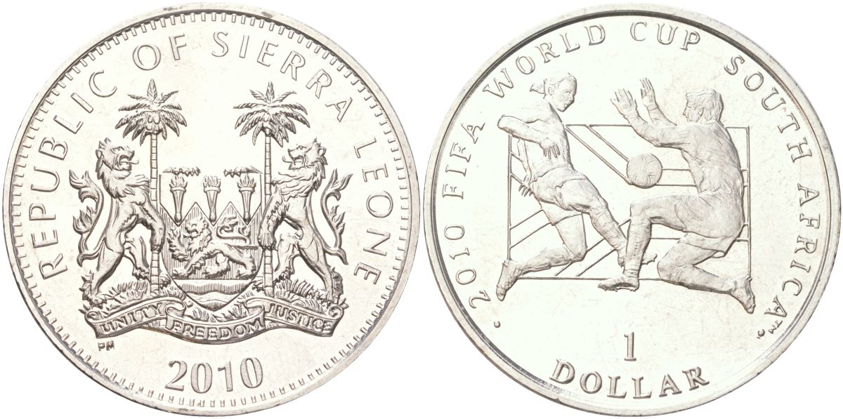 Сьерра-Леоне 1 доллар 2010 Чемпионат мира по футболу 2010, ЮАР медно-никель BU 4368-1223