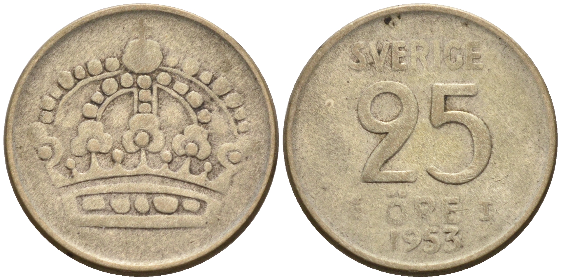 Швеция 25 эре 1953 TS, Густав VI Адольф (1950-1973) KM 824 серебро 4564-119