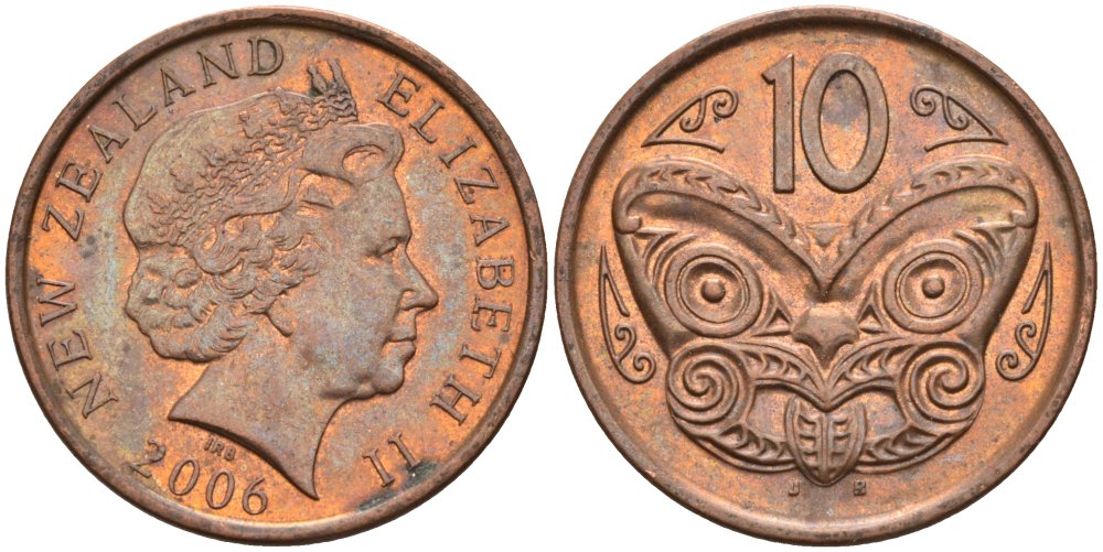 Новая Зеландия 10 центов 2006 Елизавета II (1952-2022), маска маори KM 117а сталь плакированная медью 106-947