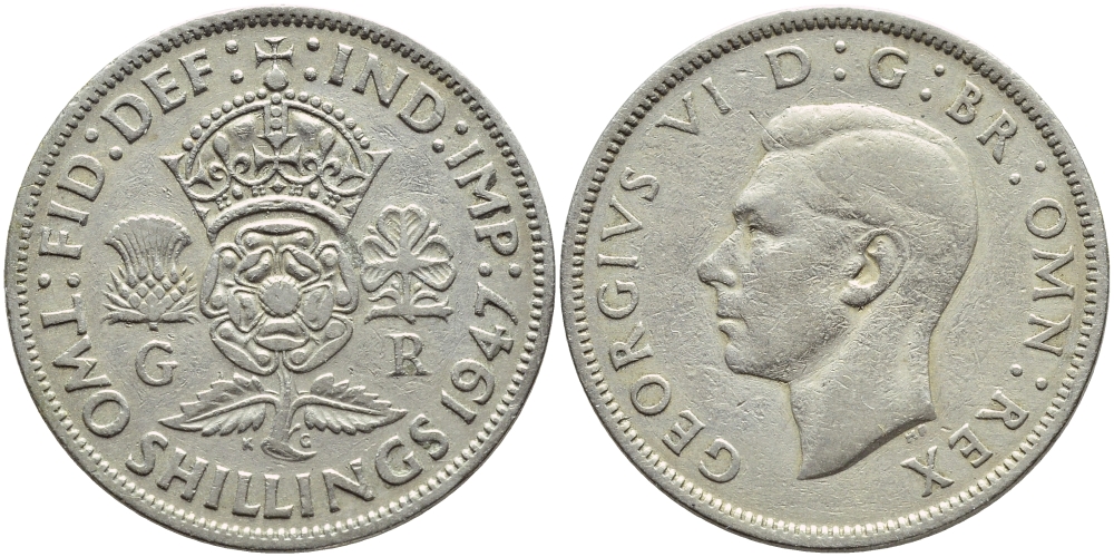Великобритания 2 шиллинга (флорин) 1947 Георг VI (1936-1952) KM 865, Spink 4102 медно-никель 4394-1031