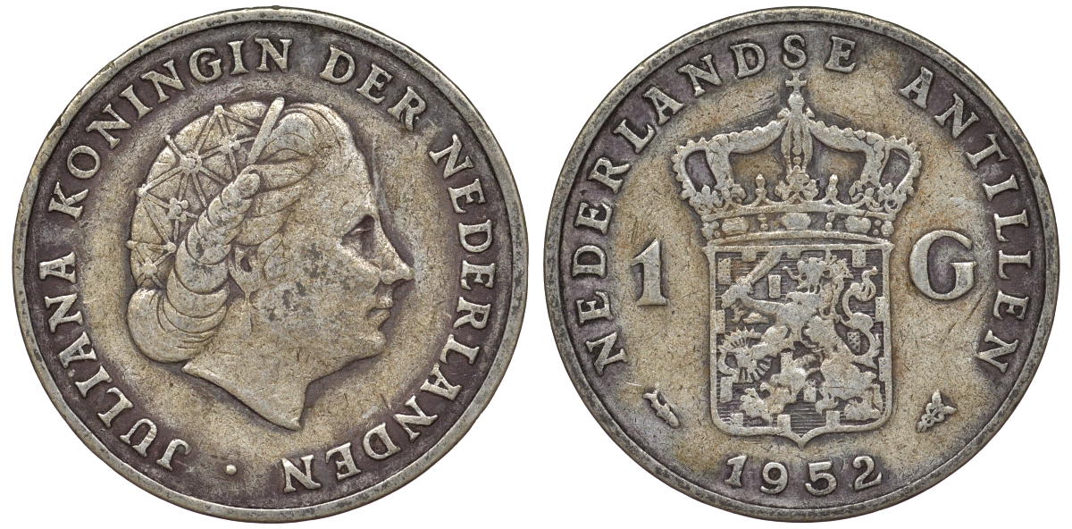 Нидерландские Антилы 1 гульден 1952 Юлиана (1948-1980) KM 2 серебро 36-926