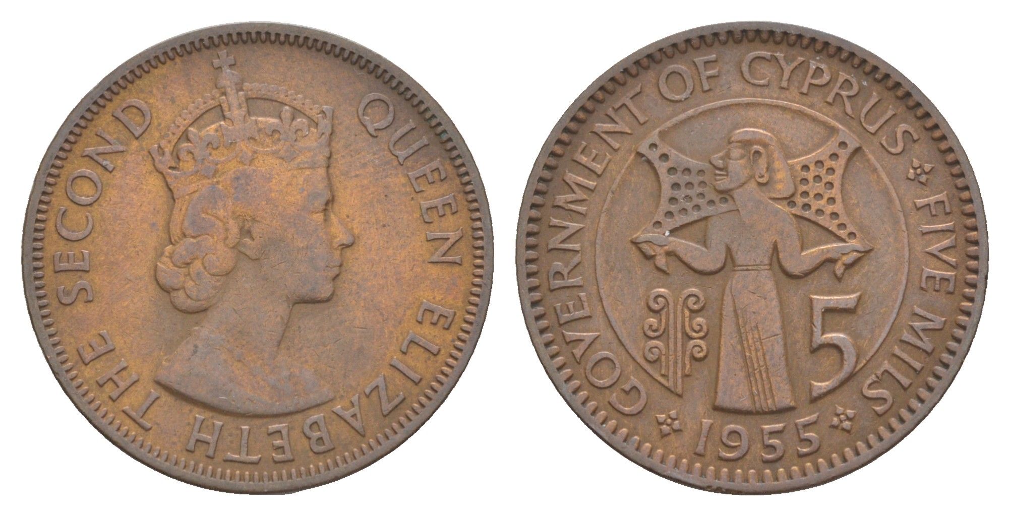 Кипр 5 милей 1955 Елизавета II (1952-2022) KM 34 бронза 4595-115