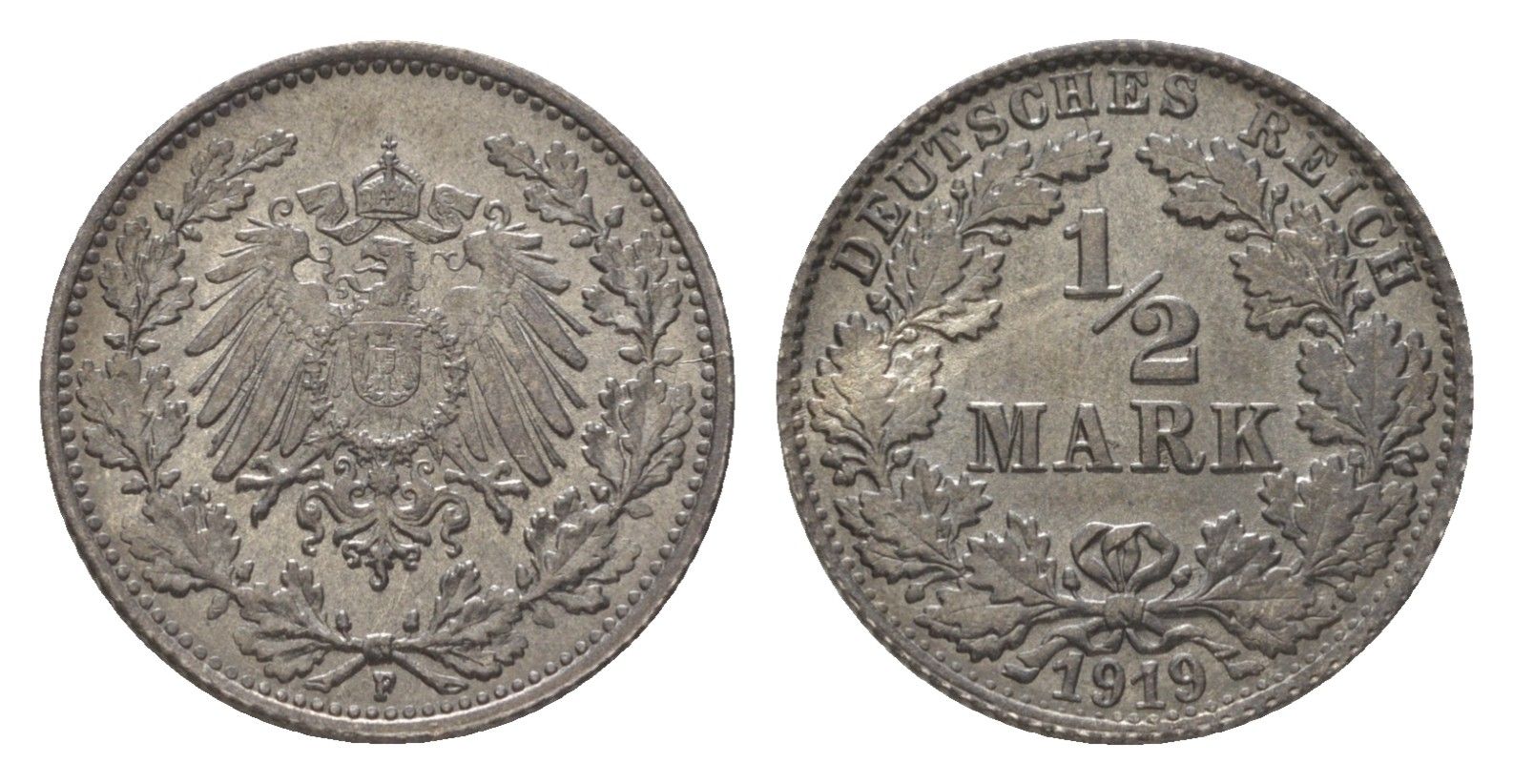Германия 1/2 марки 1919 F KM 17, J. 16 серебро UNC 3896-812