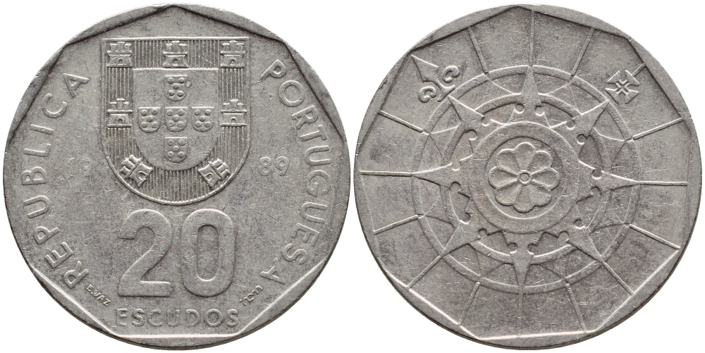 ПОРТУГАЛИЯ 20 ЭСКУДО 1989 INCM KM 634.1 медно-никель 4395-943