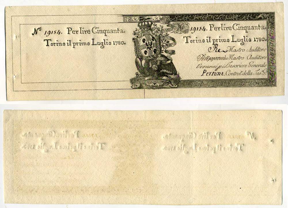 Италия, Сардиния 50 лир 1780 Regie Finanze Pick S 134 бумага aUNC 451-574-1