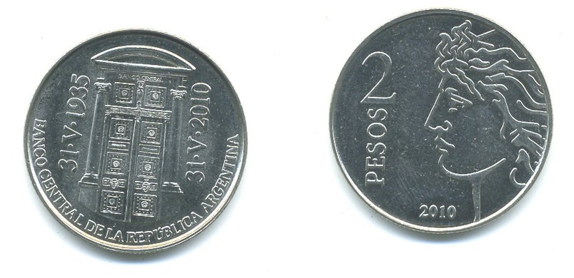 Аргентина 2 песо 2010 75 лет Центральному Банку KM 162 медно-никель UNC 36-113