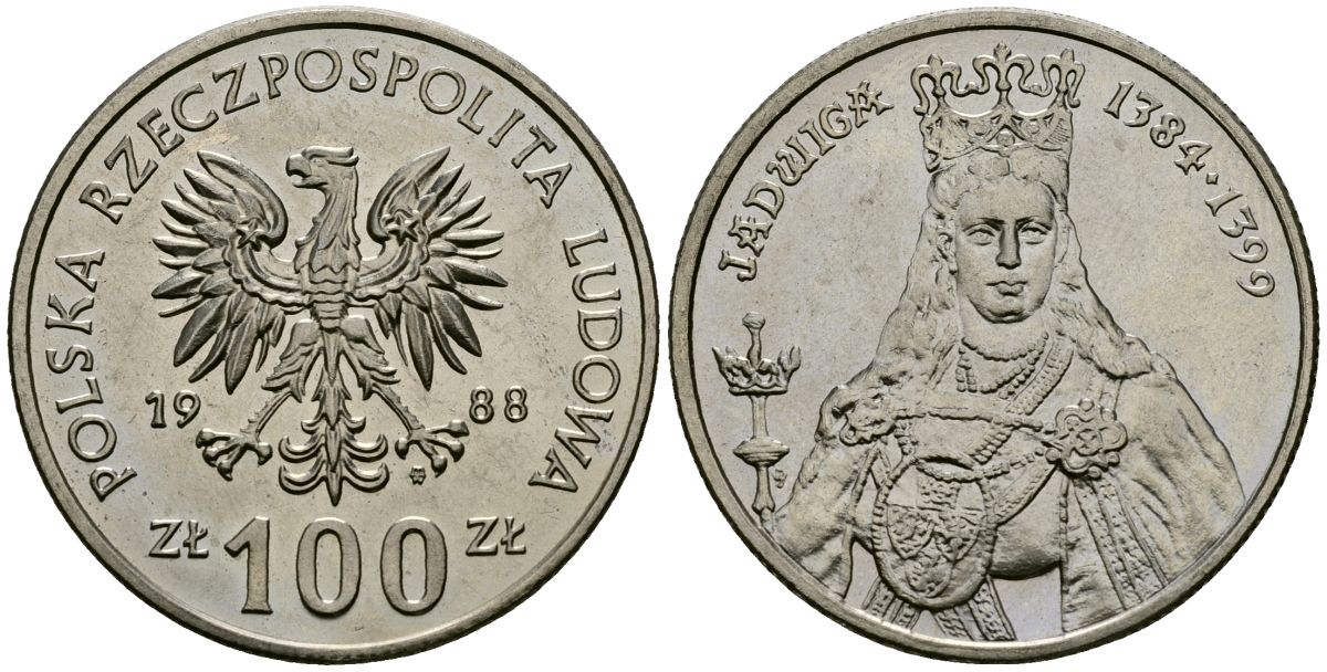 Польша 100 злотых 1988 MW, серия Польские правители, королева Ядвига (1384-1399) KM 183 медно-никель 4168-921