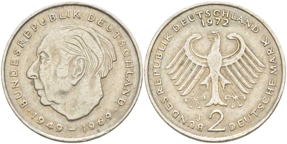 ФРГ 2 марки 1972 J, Теодор Хойс KM 127, J. 407 медно-никель плакированный никелем 58-232