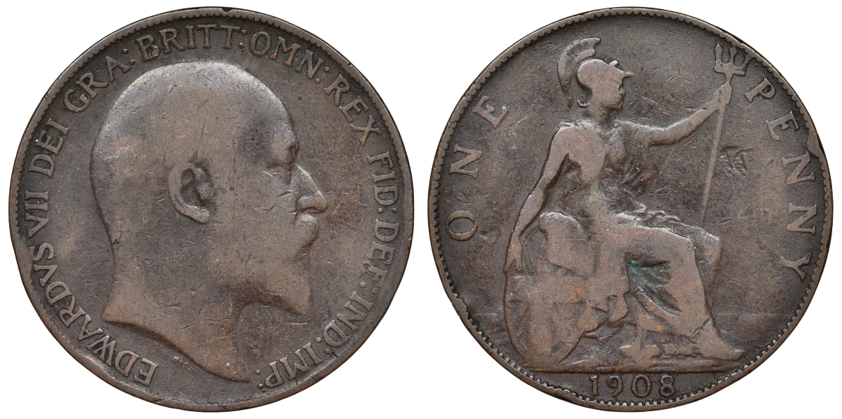 Великобритания 1 пенни 1908 Эдуард VII (1901-1910) KM 794.2, Spink 3990 бронза 71-1146