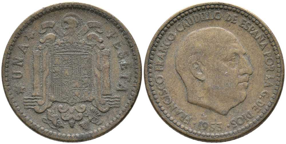 ИСПАНИЯ 1 ПЕСЕТА 1953 ФРАНСИСКО ФРАНКО ДИКТАТОР ИСПАНИИ (1939-1975) KM 775 алюминиевая бронза 110-1134